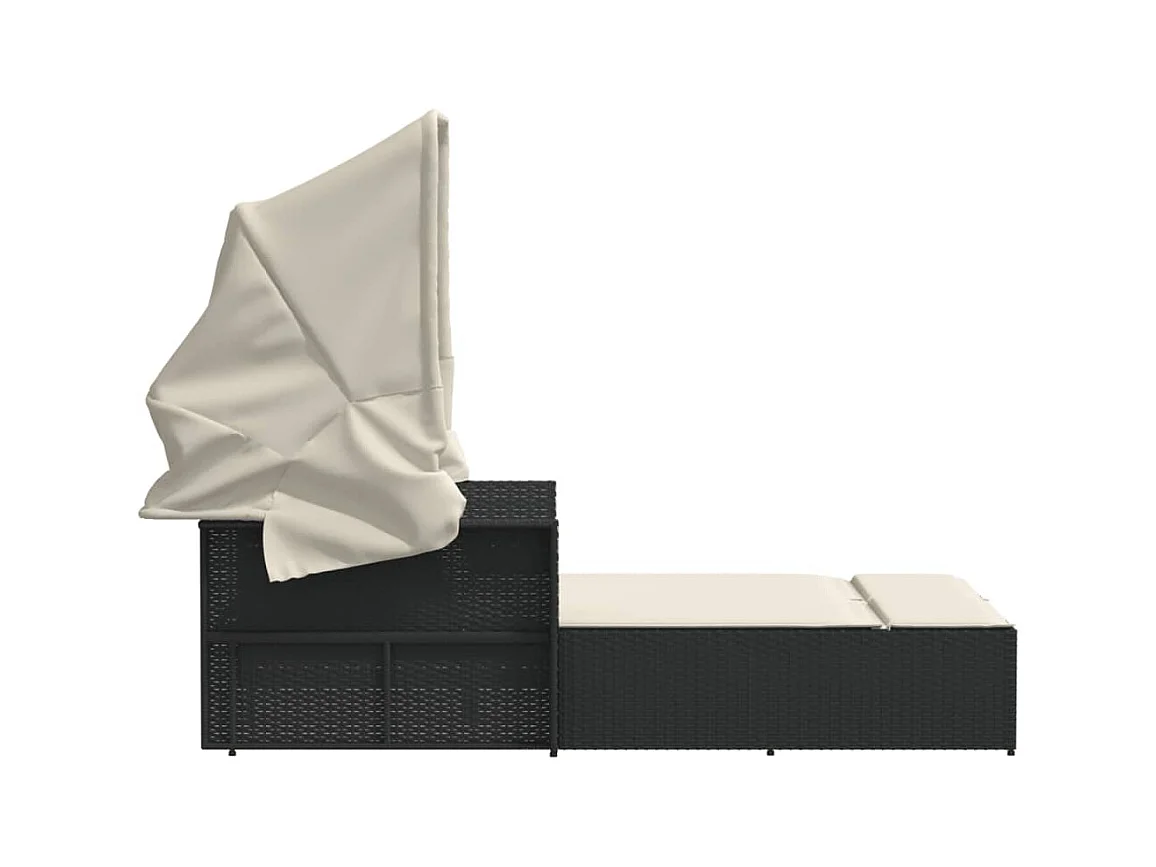 Dubbele chaise longue met zonnescherm en zwarte rieten kussens