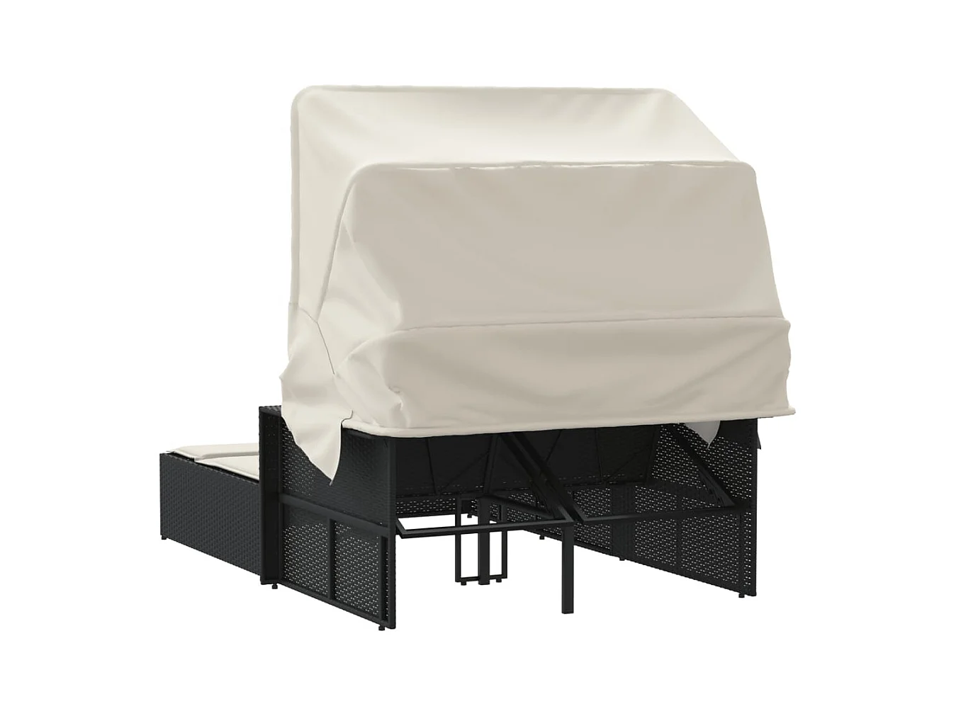 Dubbele chaise longue met zonnescherm en zwarte rieten kussens