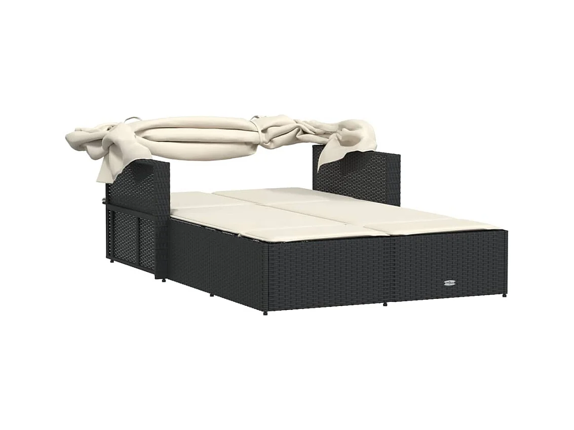 Dubbele chaise longue met zonnescherm en zwarte rieten kussens