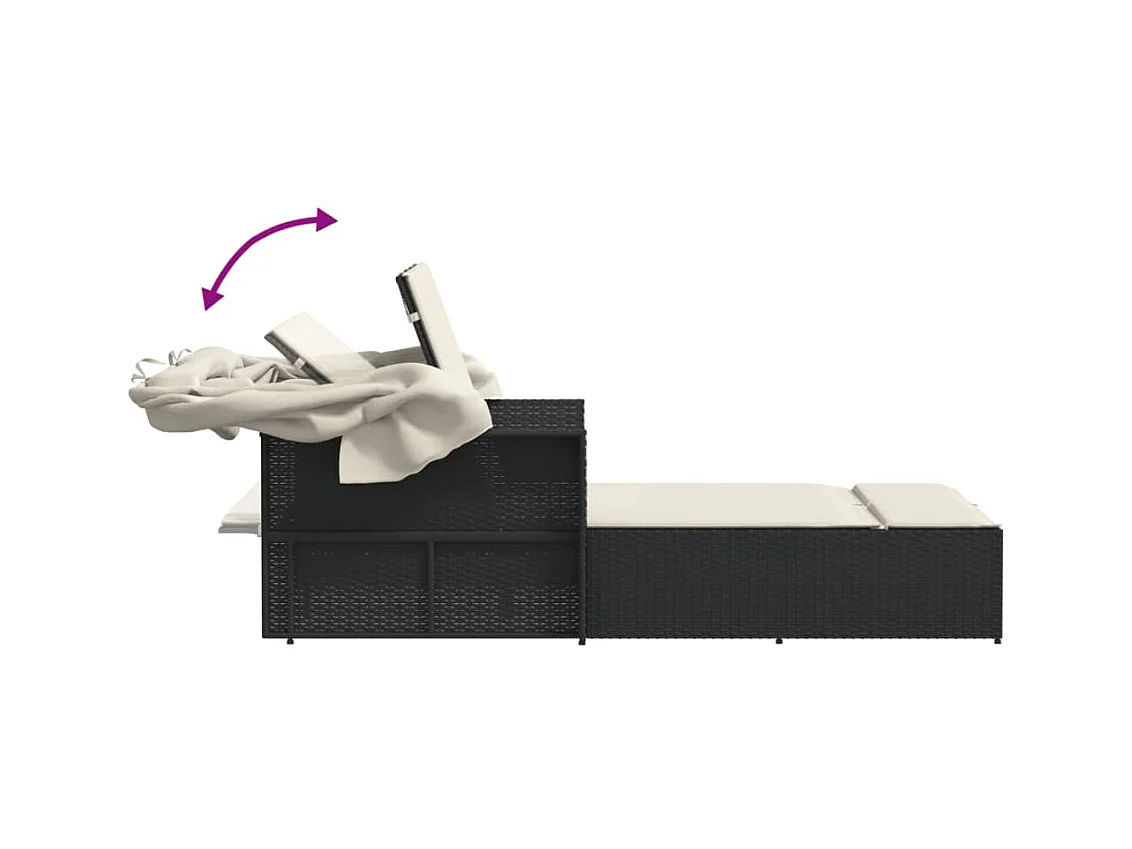 Dubbele chaise longue met zonnescherm en zwarte rieten kussens
