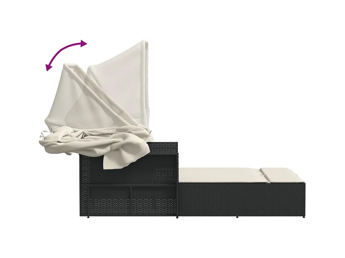 Dubbele chaise longue met zonnescherm en zwarte rieten kussens