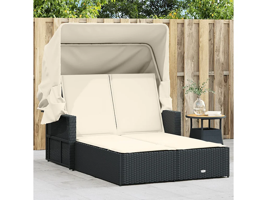 Chaise longue doppia con tenda da sole e cuscini in vimini nero