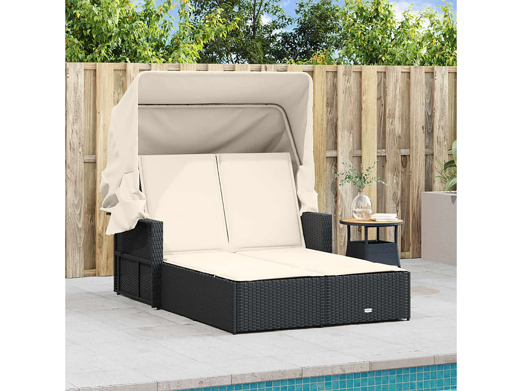 Chaise longue doppia con tenda da sole e cuscini in vimini nero