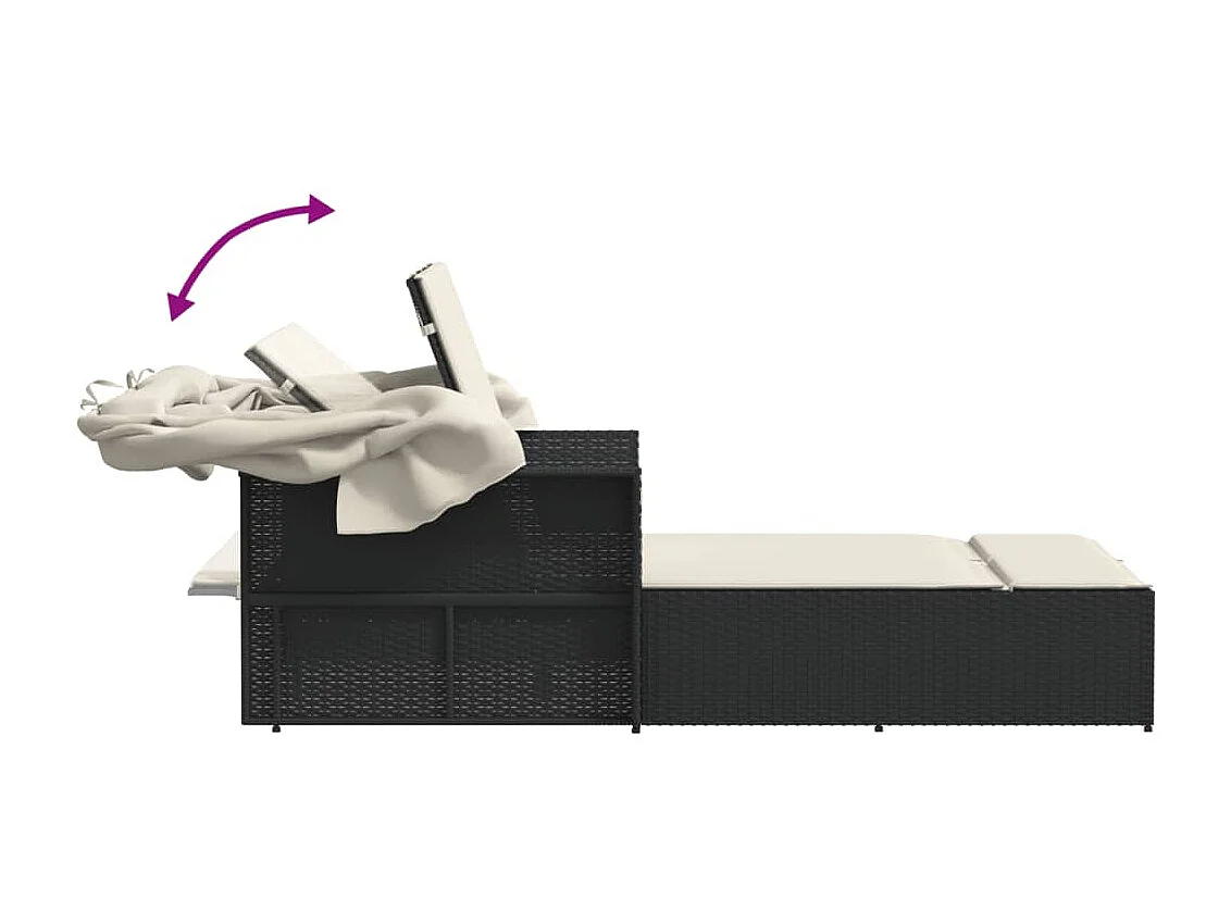 Chaise longue doppia con tenda da sole e cuscini in vimini nero