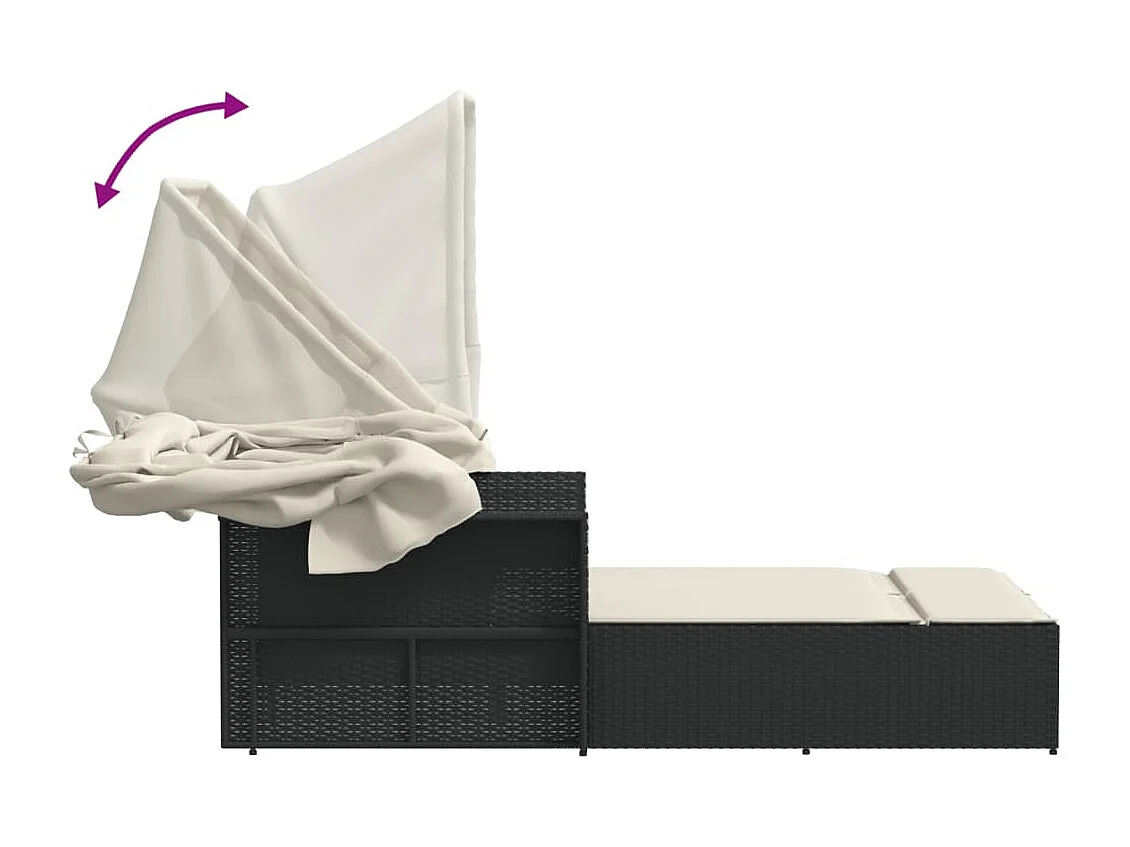 Chaise longue doppia con tenda da sole e cuscini in vimini nero
