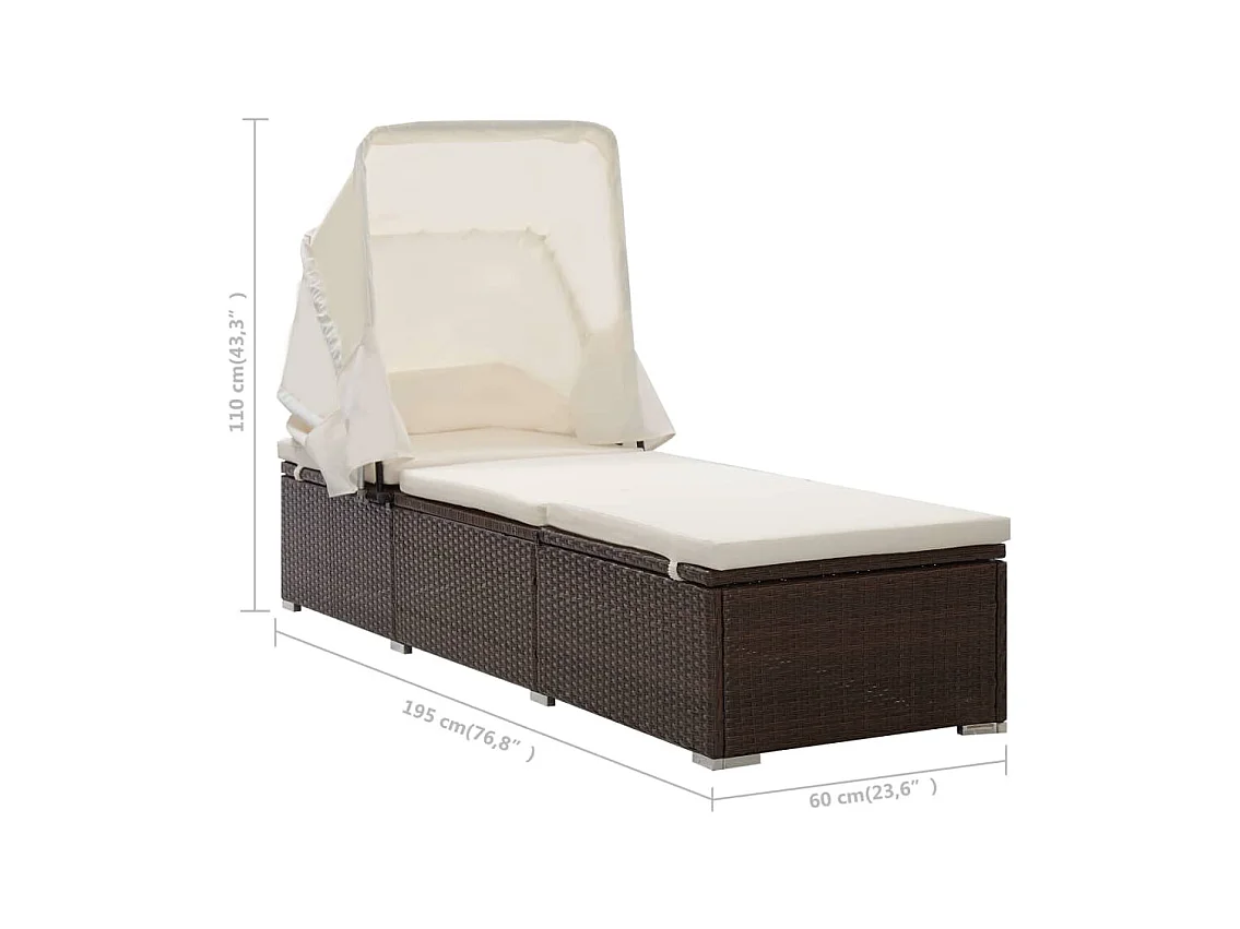 Chaise longue met zonnescherm en bruin geweven harskussen