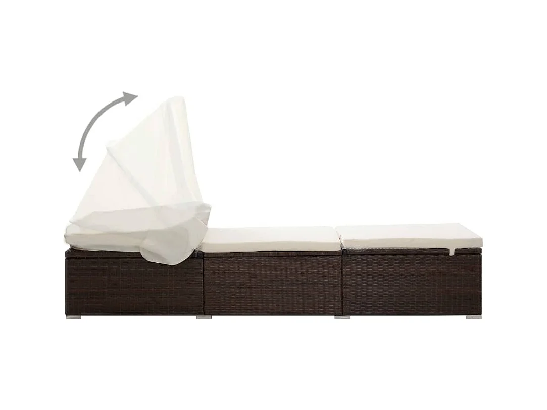 Chaise longue met zonnescherm en bruin geweven harskussen