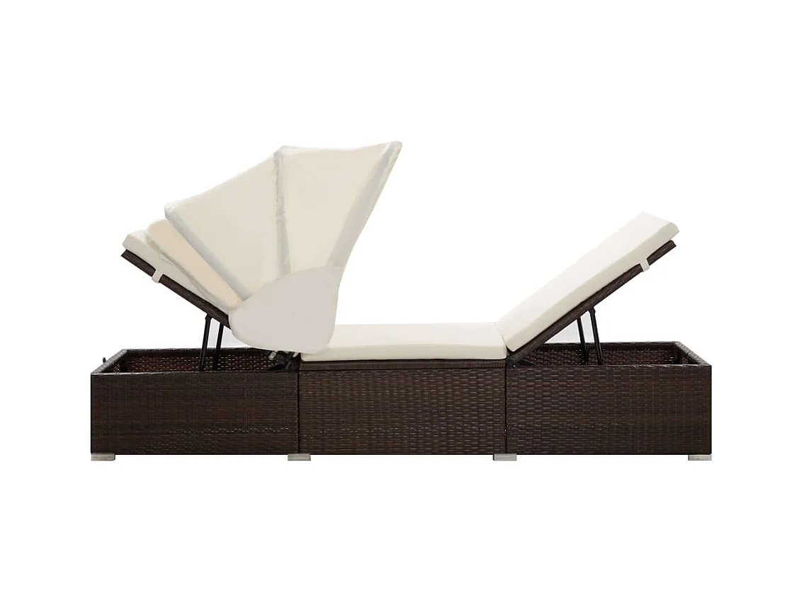 Chaise longue met zonnescherm en bruin geweven harskussen