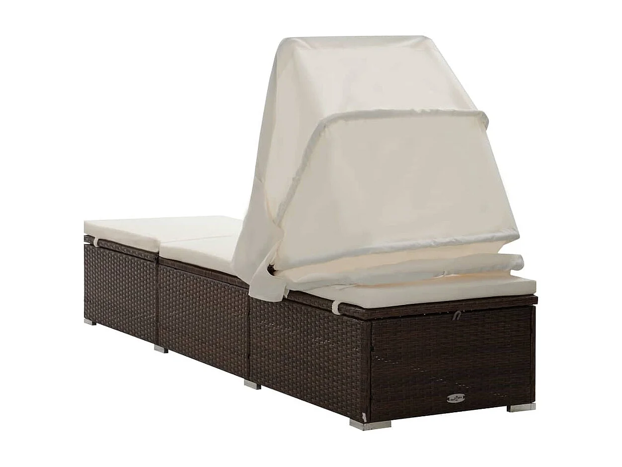 Chaise longue met zonnescherm en bruin geweven harskussen