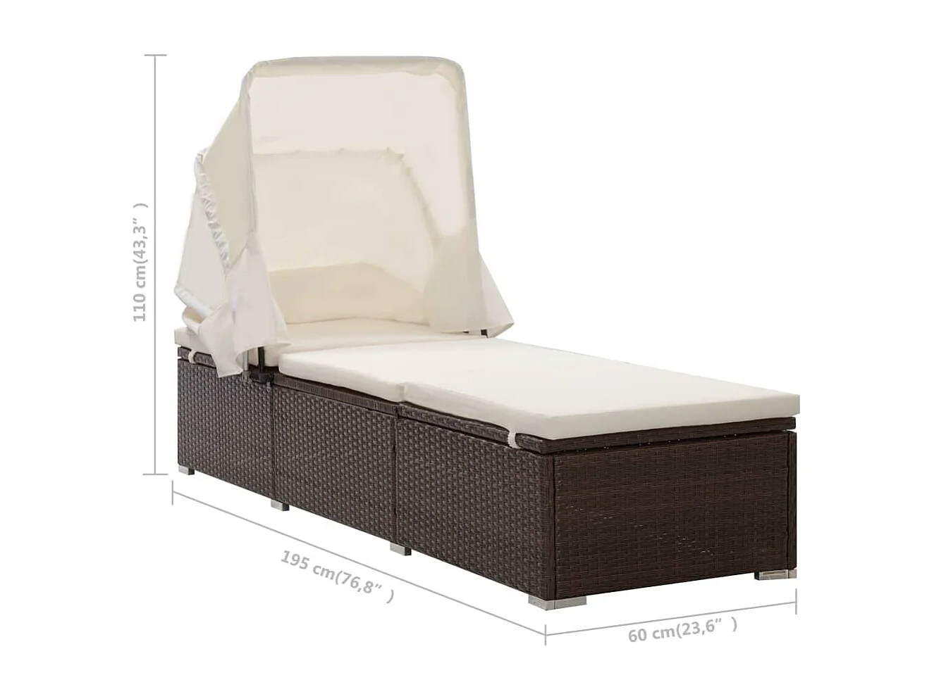 Chaise longue met zonnescherm en bruin geweven harskussen