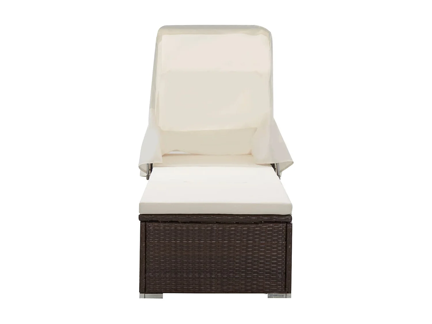 Chaise longue con tenda da sole e cuscino in resina intrecciata marrone