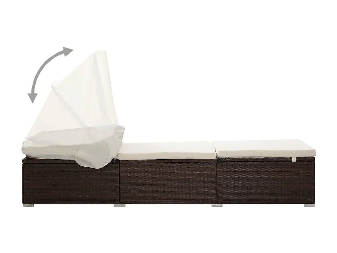 Chaise longue con tenda da sole e cuscino in resina intrecciata marrone