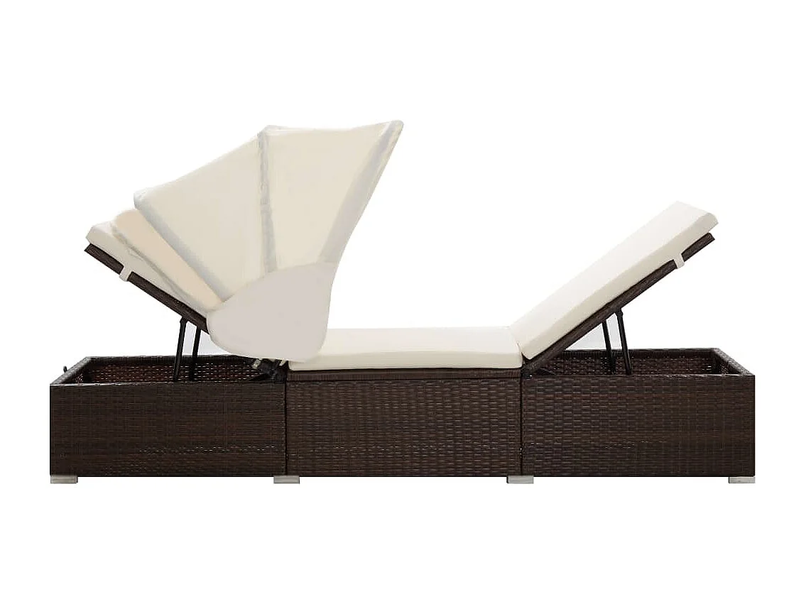 Chaise longue con tenda da sole e cuscino in resina intrecciata marrone