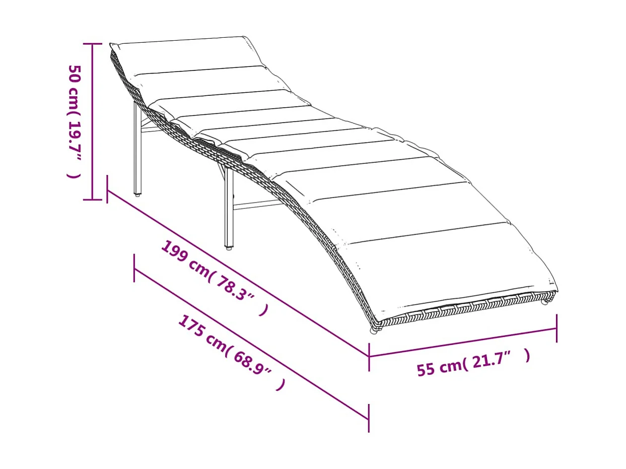 Chaise longue con cojín negro 55x199x50 cm resina tejida