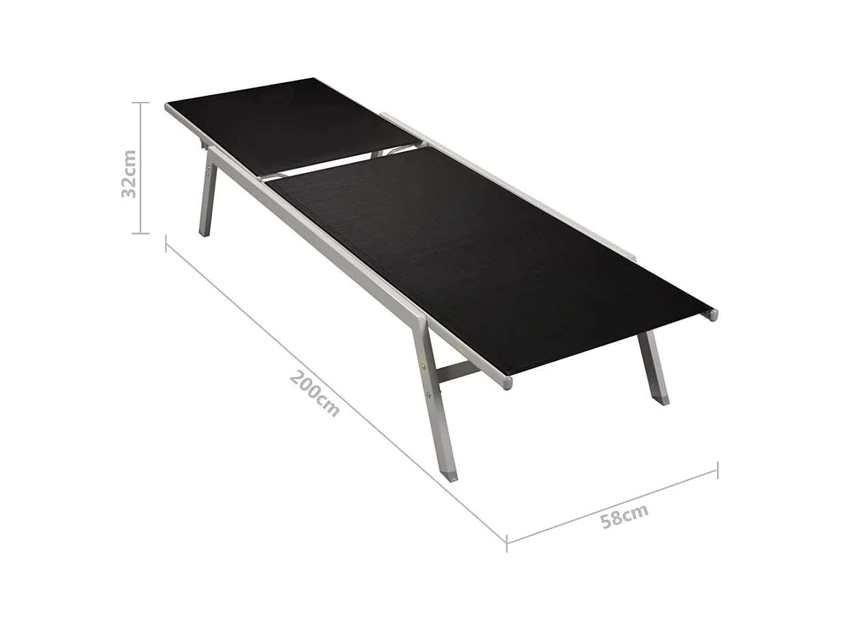 Set van 2 ligstoelen met tafel, staal en zwart textileen