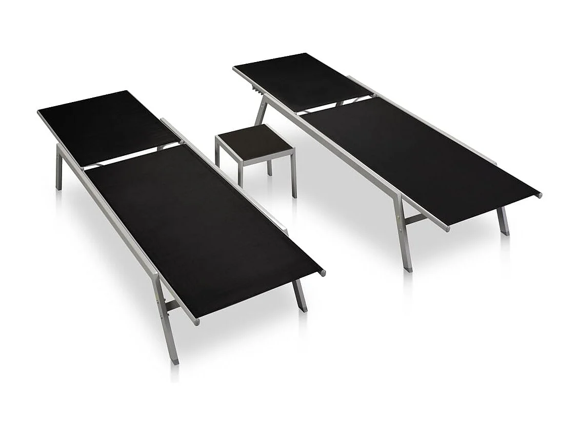 Set di 2 sedie a sdraio con tavolo, acciaio e textilene nero