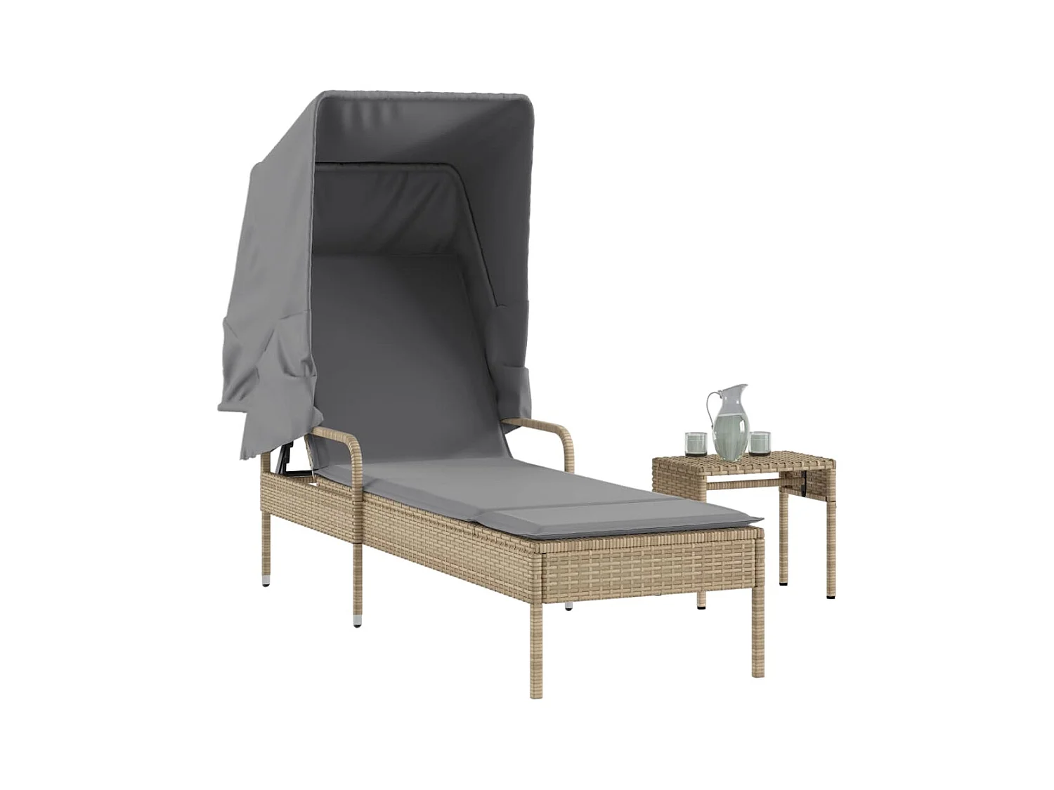 Ligstoel met zonnescherm en beige gevlochten harstafel