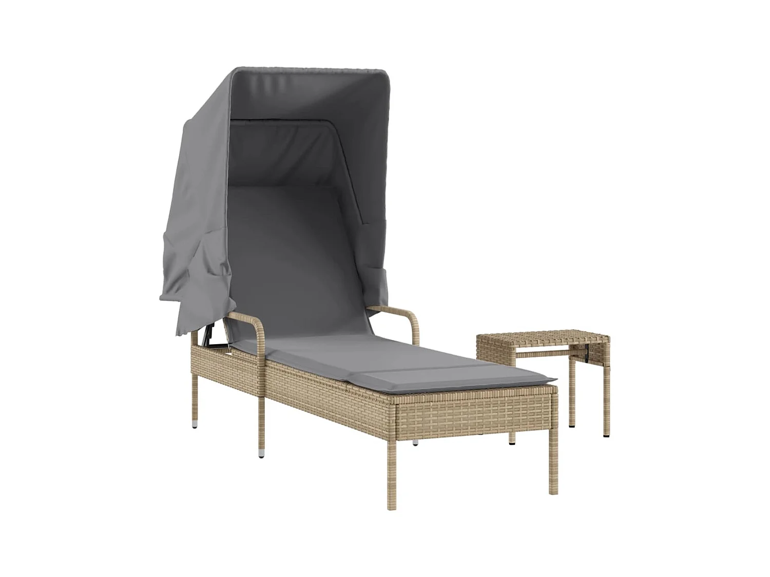 Ligstoel met zonnescherm en beige gevlochten harstafel