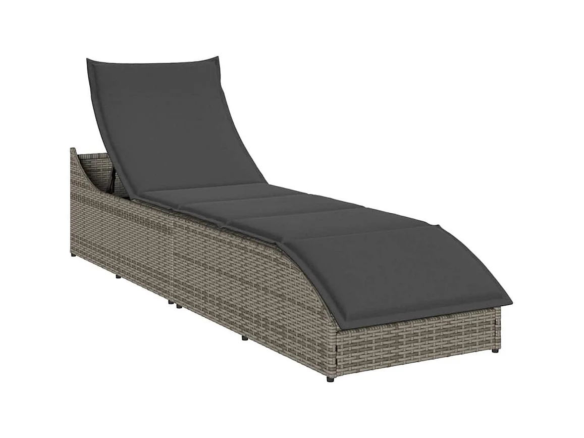 Chaise longue pliante coussin et rangement gris résine tressée