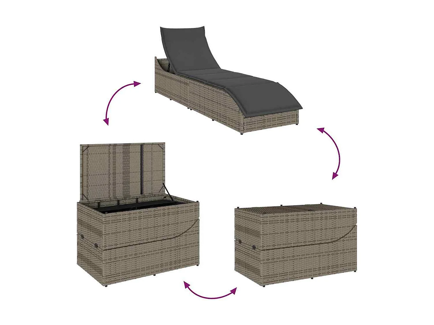 Chaise longue pliante coussin et rangement gris résine tressée