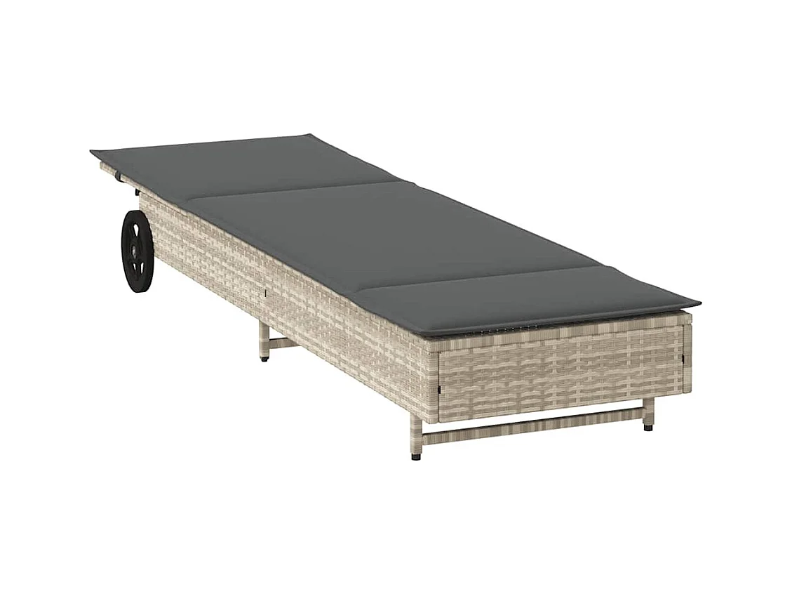 Chaise longue avec roues et coussins gris clair résine tressée