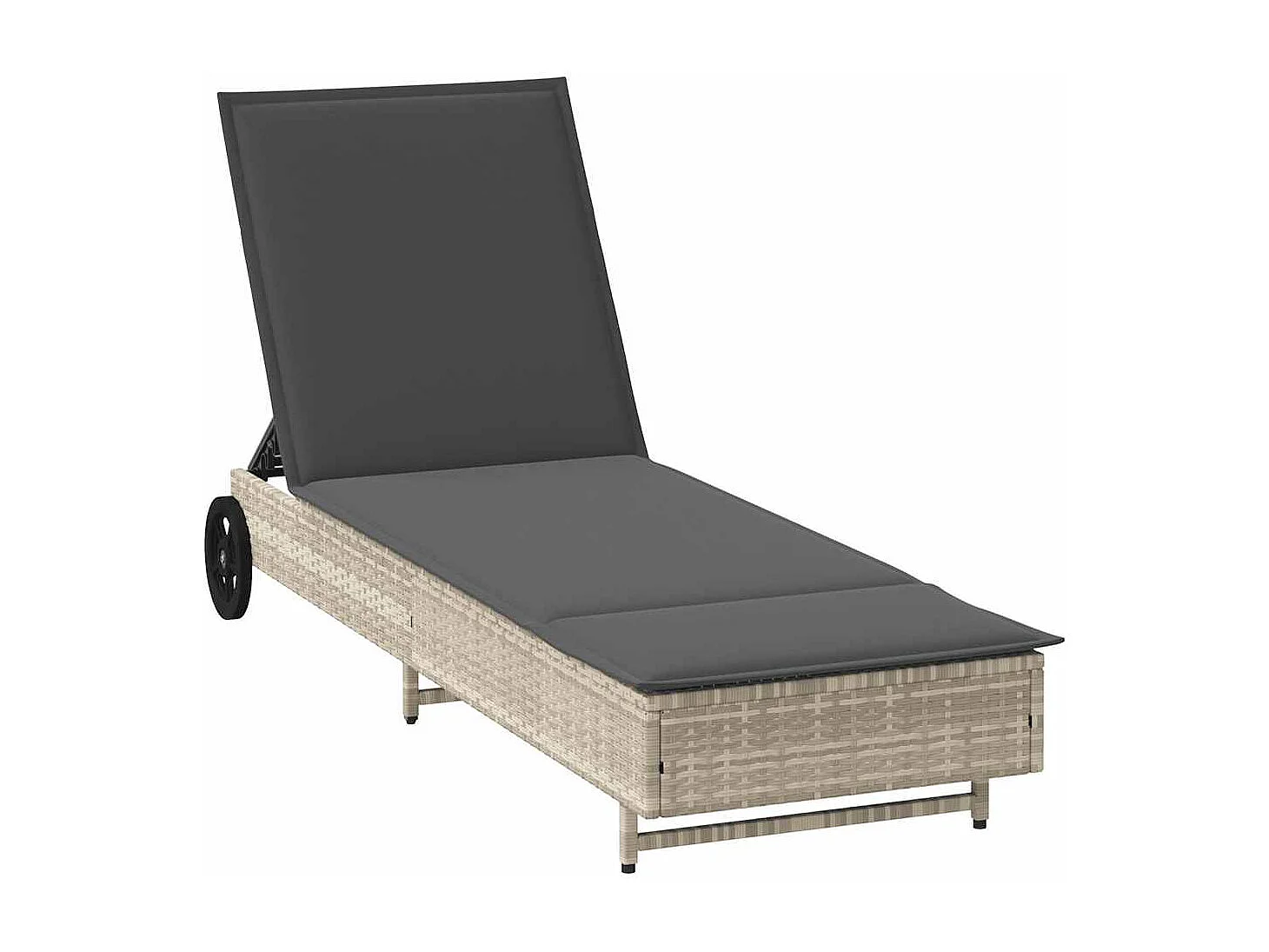 Chaise longue avec roues et coussins gris clair résine tressée