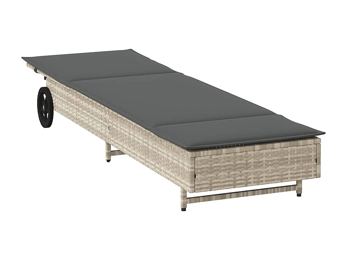 Chaise longue avec roues et coussins gris clair résine tressée