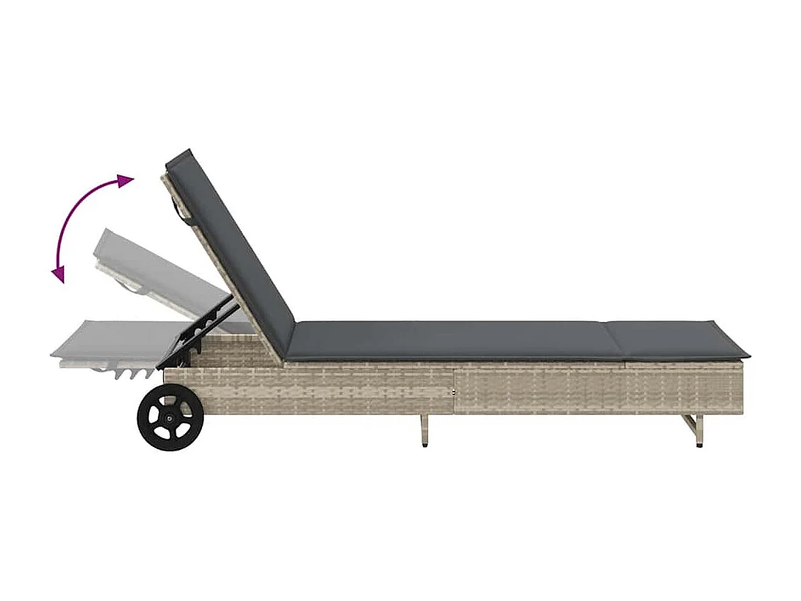 Chaise longue avec roues et coussins gris clair résine tressée