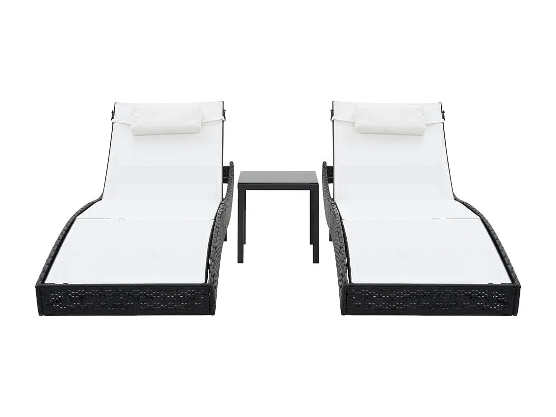 Set di 2 lettini prendisole con tavolo in resina intrecciata textilene nero