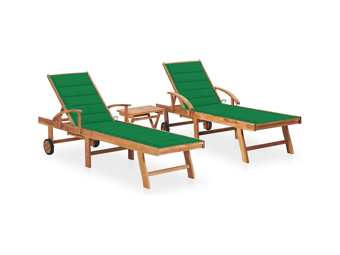 Chaises longues lot de 2 avec table et coussin Bois teck solide