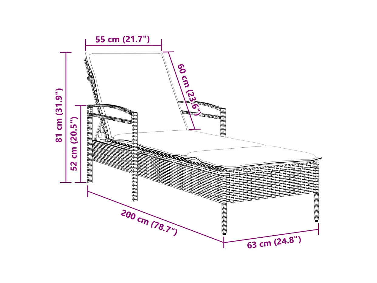 Chaise longue met grijs kussen 63x200x81 cm geweven hars