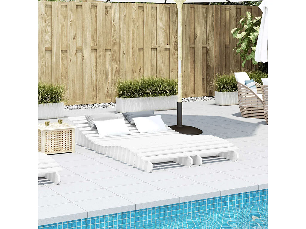 Conjunto de 2 tumbonas blancas 205x60x31,5cm madera maciza de pino