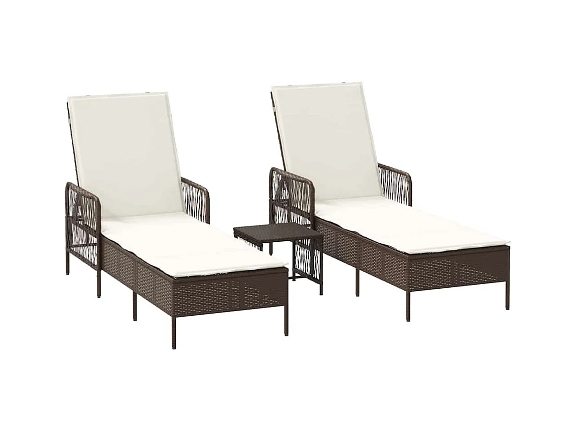 Chaises longues 2 pcs avec coussins et table Marron en poly rattan.