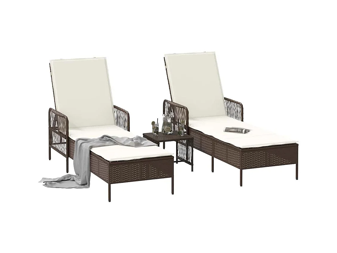 Chaises longues 2 pcs avec coussins et table Marron en poly rattan.