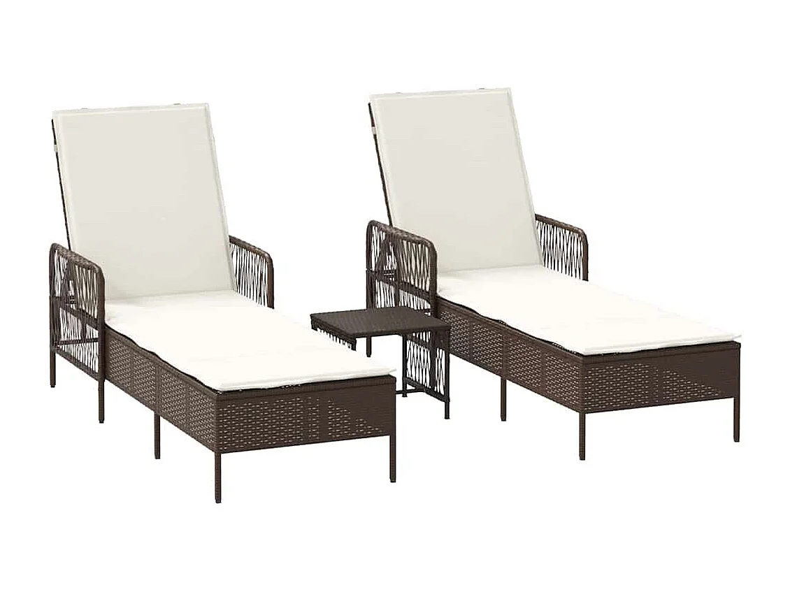 Chaises longues 2 pcs avec coussins et table Marron en poly rattan.