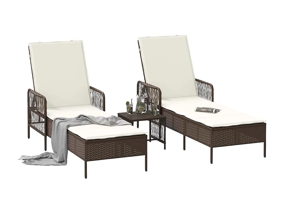 Chaises longues 2 pcs avec coussins et table Marron en poly rattan.