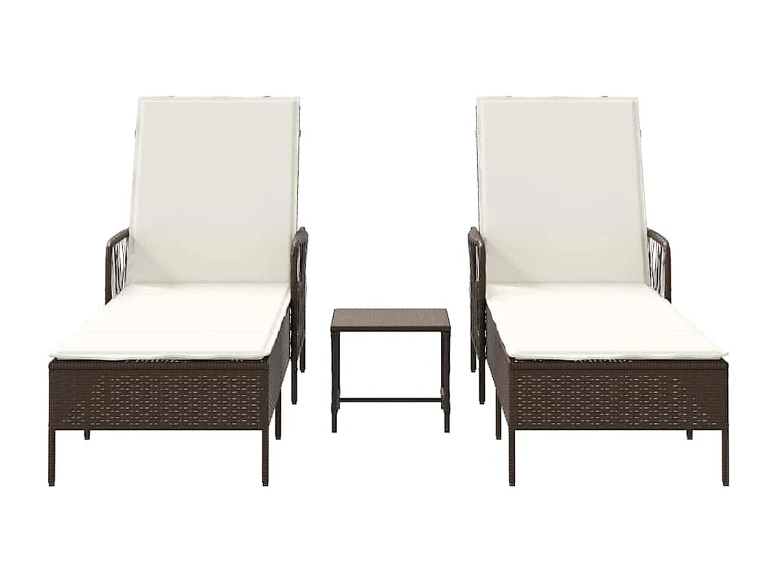 Chaises longues 2 pcs avec coussins et table Marron en poly rattan.