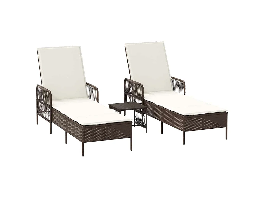 Chaises longues 2 pcs avec coussins et table Marron en poly rattan.
