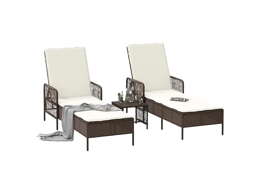 Chaises longues 2 pcs avec coussins et table Marron en poly rattan.