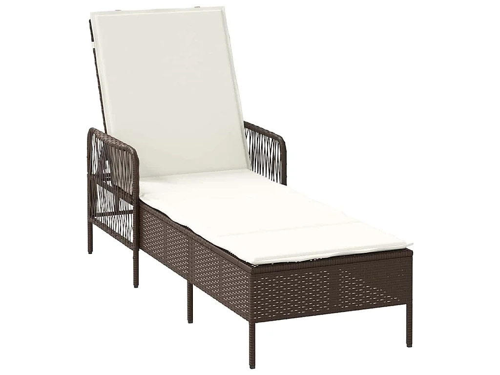 Chaises longues 2 pcs avec coussins et table Marron en poly rattan.