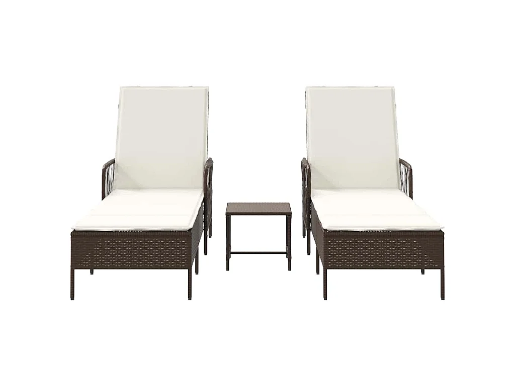 Chaises longues 2 pcs avec coussins et table Marron en poly rattan.