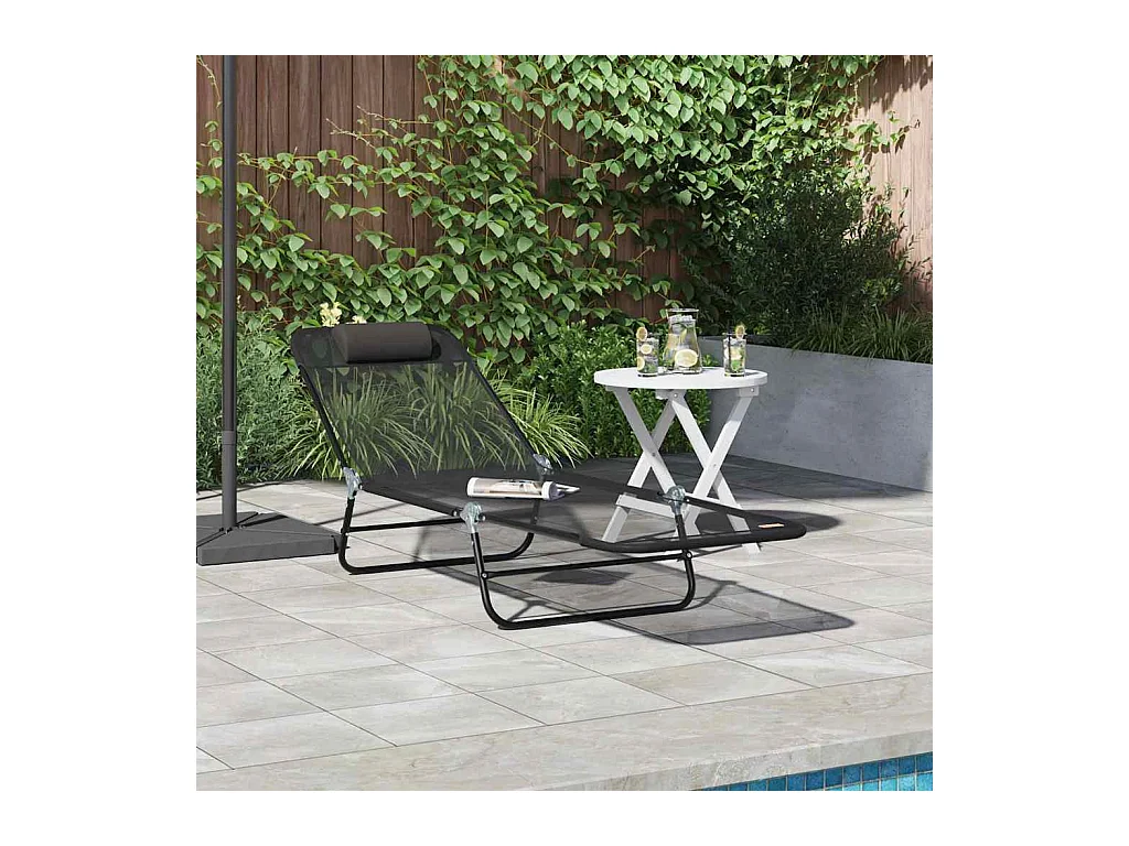 Chaise longue pliable avec repose-tête en Textilène noir