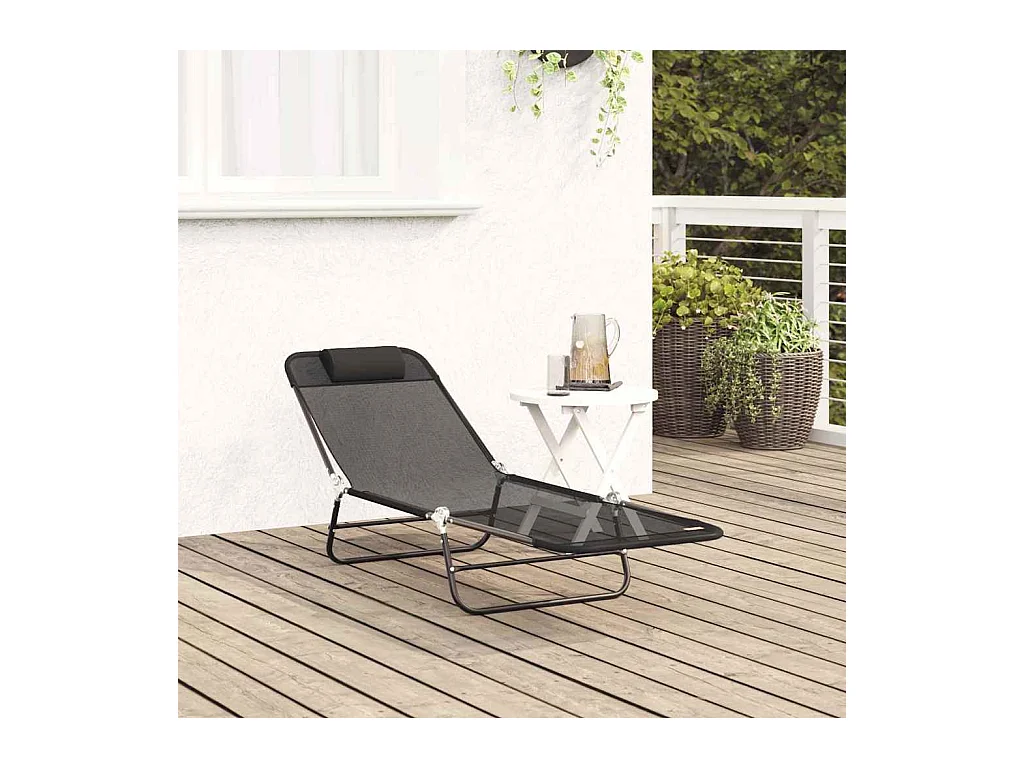 Chaise longue pliable avec repose-tête en Textilène noir