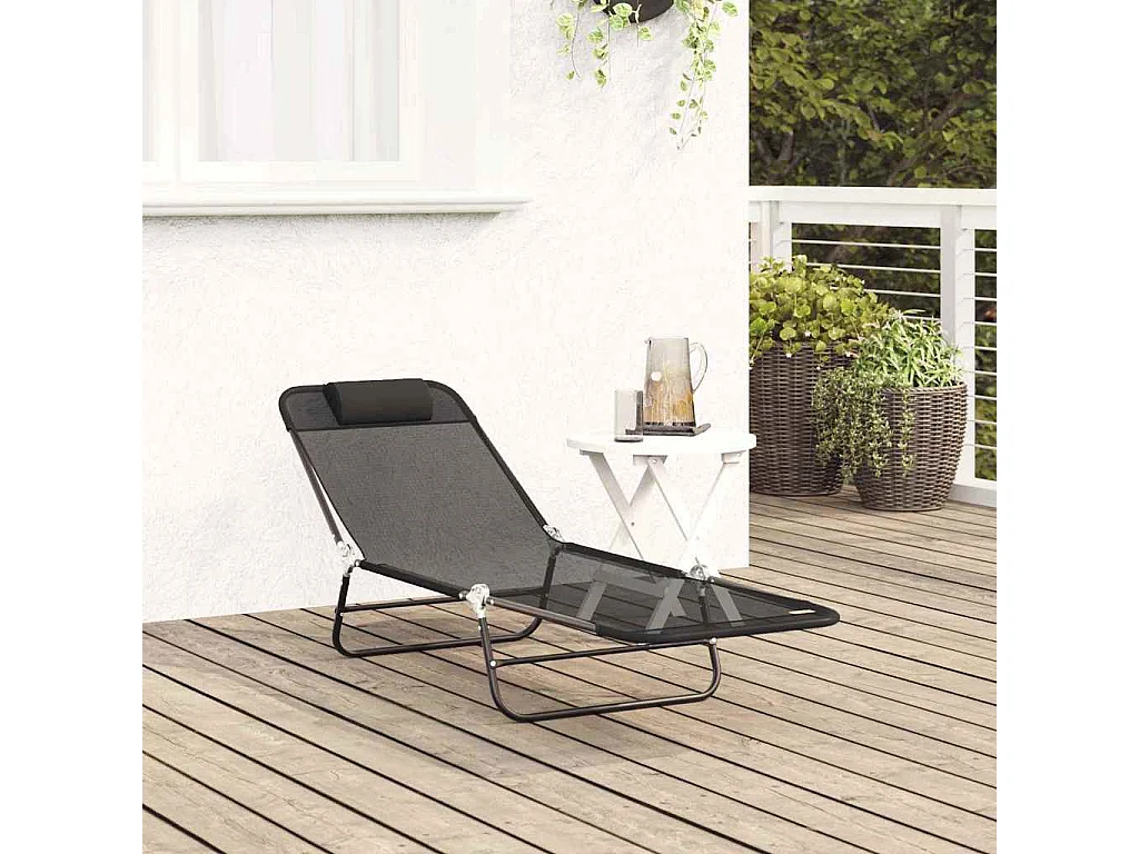 Chaise longue pliable avec repose-tête en Textilène noir