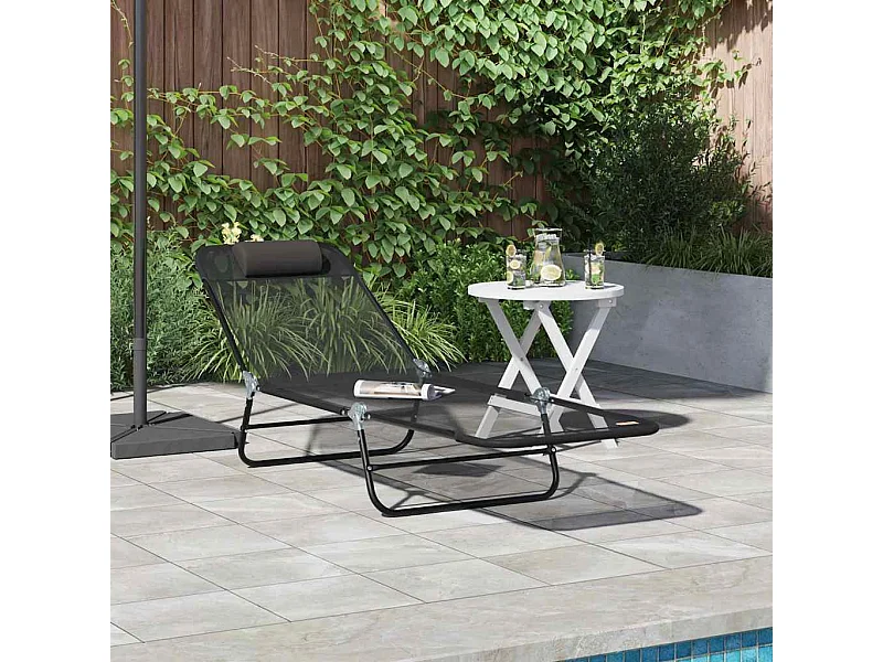 Chaise longue pliable avec repose-tête en Textilène noir