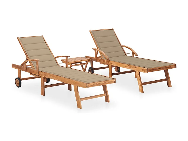 Chaises longues lot de 2 avec table et coussin Bois teck solide