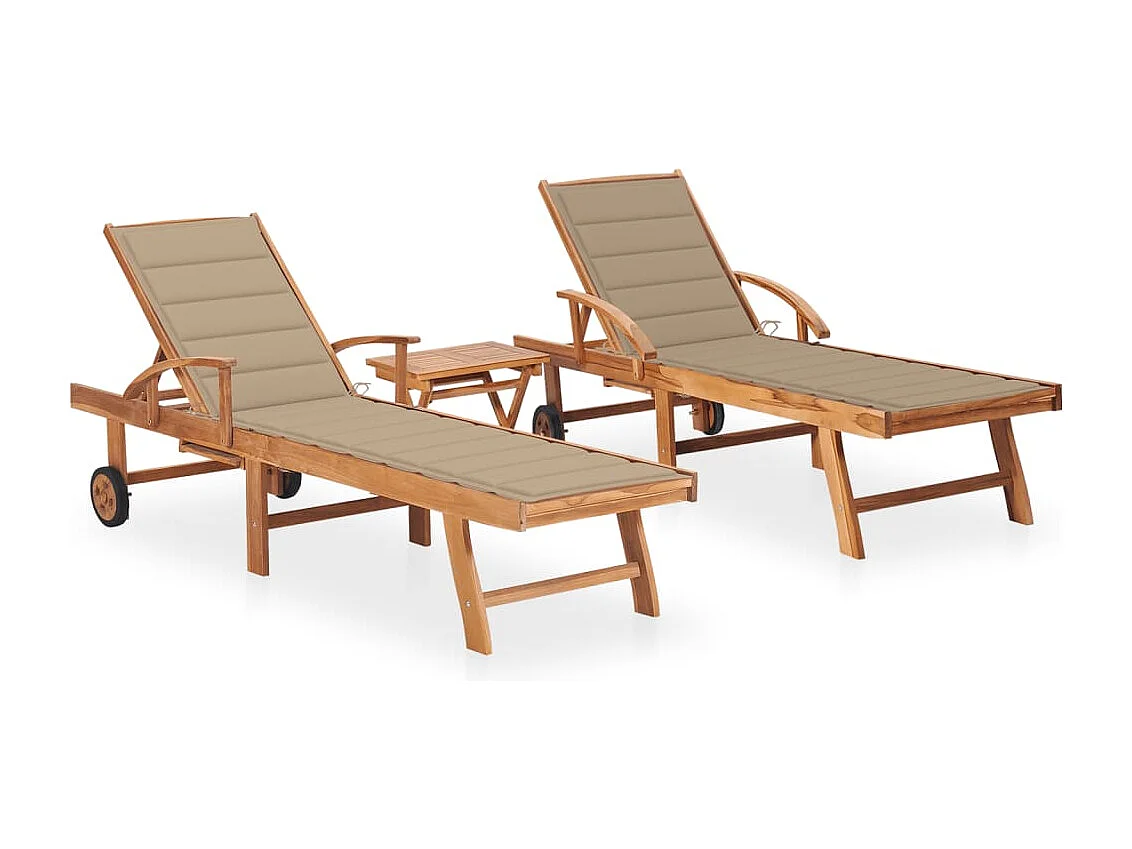 Chaises longues lot de 2 avec table et coussin Bois teck solide