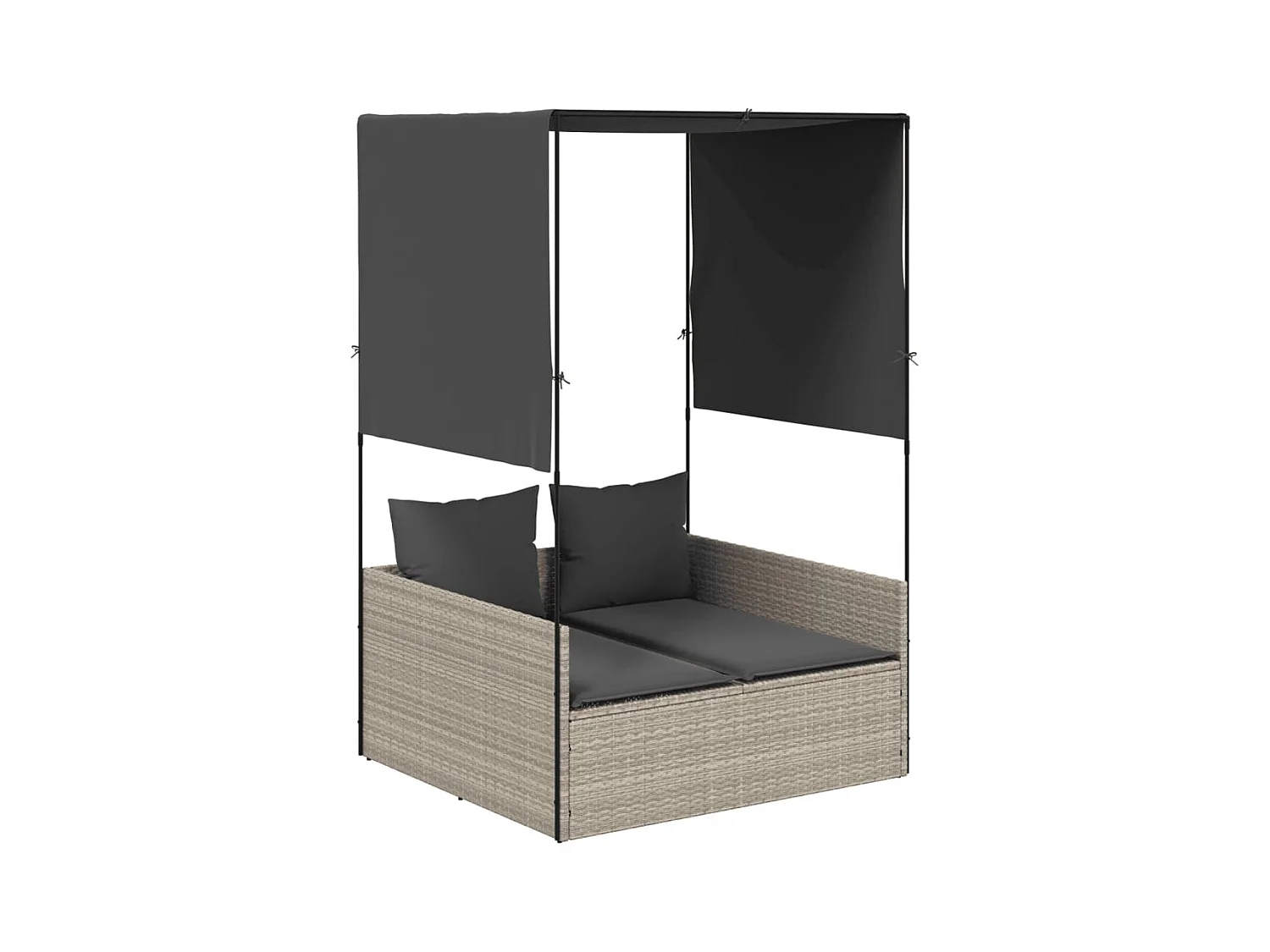 Dubbele chaise longue met dak en gordijnen in lichtgrijs polyrotan