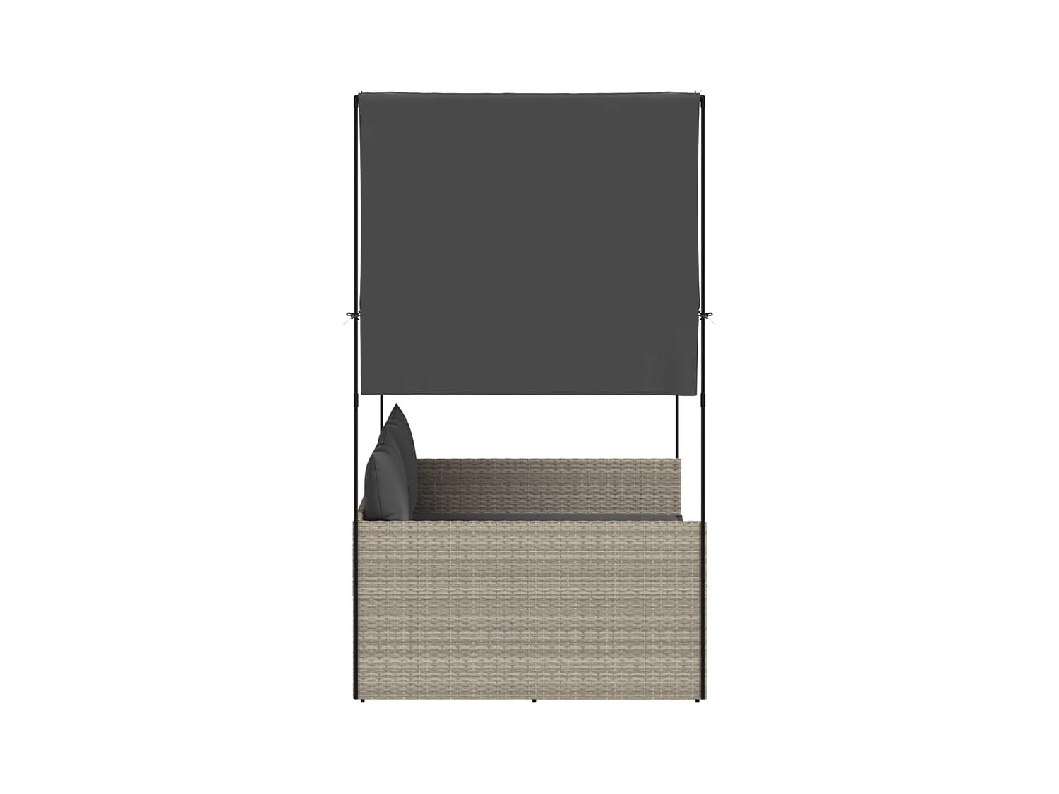 Dubbele chaise longue met dak en gordijnen in lichtgrijs polyrotan