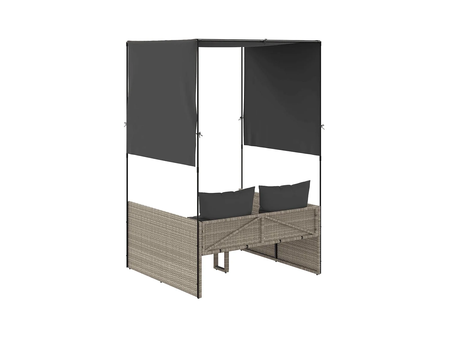 Dubbele chaise longue met dak en gordijnen in lichtgrijs polyrotan